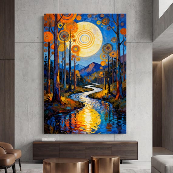 Forest Wildflowers Canvas Wall Art, Moonlit Pine Tree Forest Wall Art, Rustic Forest Painting, Full Moon Wall Art Painting Vintage Forest