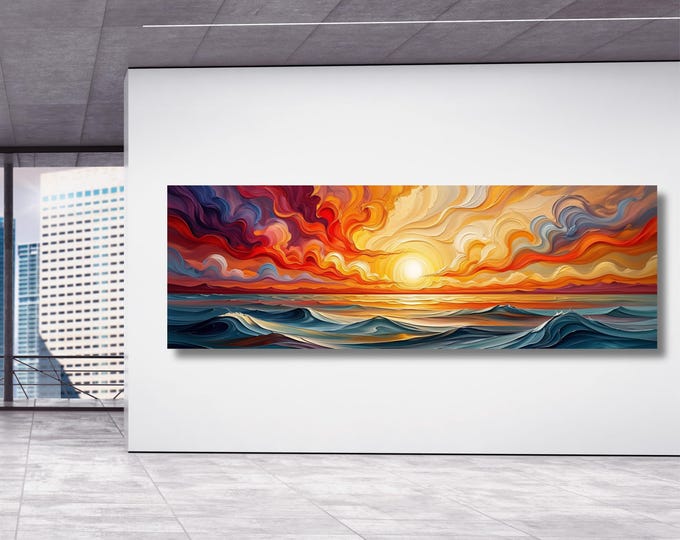 Panoramic Sunset Ocean wave Canvas Wall Art,Framed Canvas Japanese Style Mid Century Exhibition Long Narrow Print,Large Modern Living Room