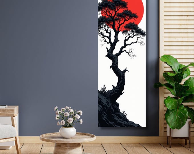 Japanese Maple Tree Sunset Canvas Art: Retro Japanese Print