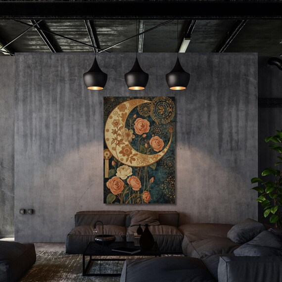 Floral Crescent Moon Dark Canvas Wall Art Cottagecore William Morris Print, Lunar Decor Gift art, Whimsigoth Decor, Botanical Print Canvas