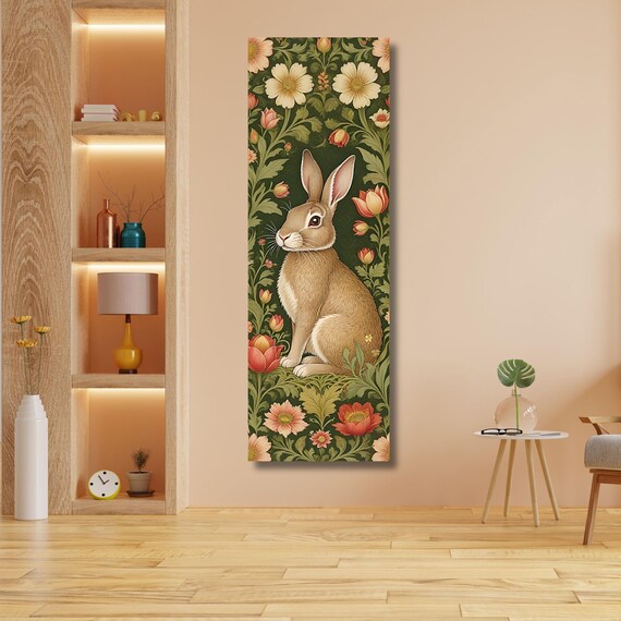Whimsical Rabbit Canvas in William Morris Style – Long Narrow Wall Art – Vintage Animal Tapestry Print for Hallway, Nursery or Cottagecore