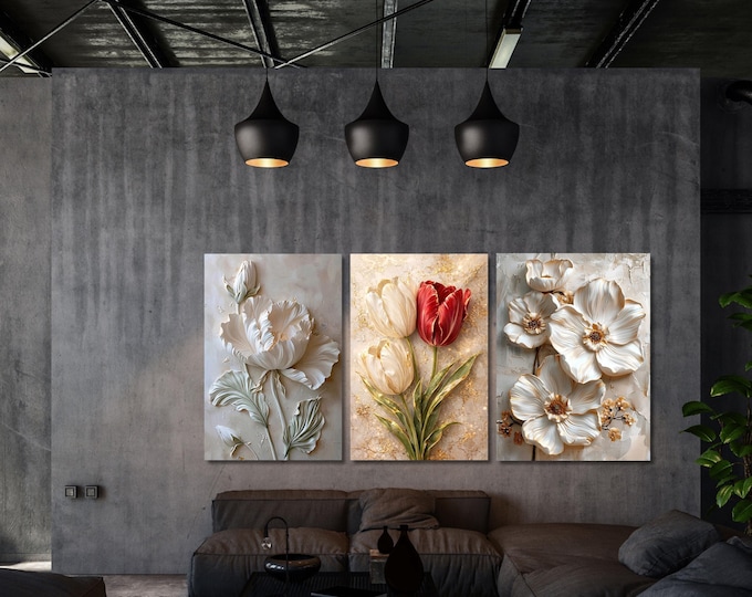 3 Piece White Red Tulips Textured Canvas Print – Luxury Floral Living Room Decor
