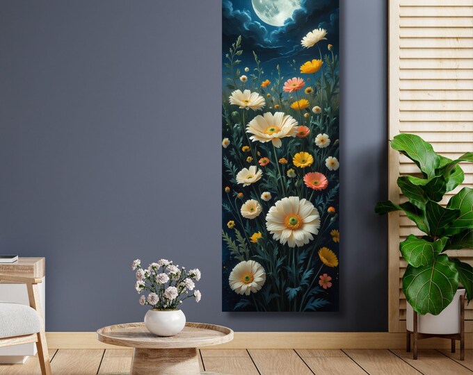 Klimt-Inspired Full Moon Wildflower Canvas Art: Rustic Mountain Decor