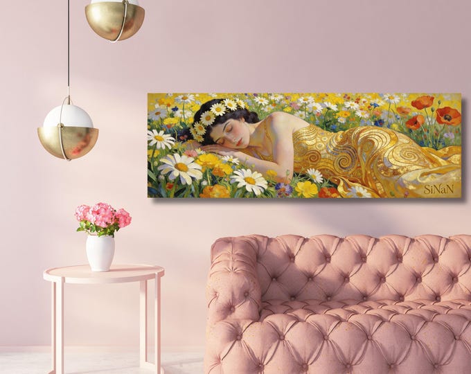 Klimt style Sleeping Woman in a wildflowers Narrow Canvas Print, Tall Vertical Wall Art