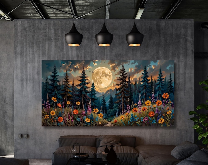 Forest Wildflowers Canvas Wall Art, Moonlit Pine Tree Forest Wall Art, Rustic Forest Painting, Full Moon Wall Art Painting Vintage Forest