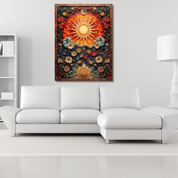 Sun Moon Stars Canvas Wall Art Mystical Boho Magical Fantasy Nature Wall Art, Abstract Gaia Ready to Hang Gaia Wall Art Canvas art Astrology