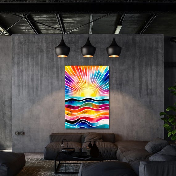 Boho Sunset Canvas Art: Abstract Sun & Sea Print