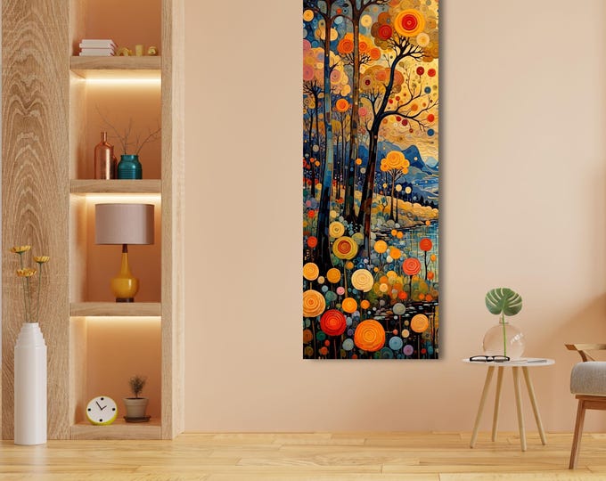 Klimt Style Long Canvas Wall Art, Vertical Waterfall Landscape Painting, Impressionist Forest and Mountain Decor, Tall Narrow Canvas Print