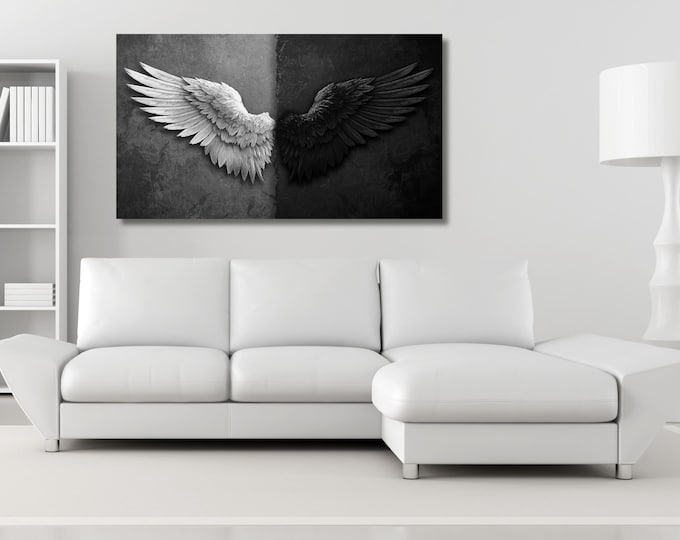Black White Angel Wings Canvas Art, Modern Minimalist Poster Print, Large Monochrome Wall Decor
