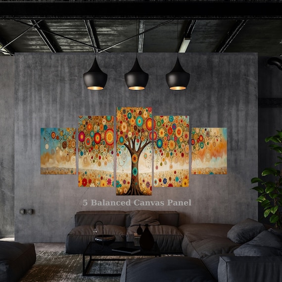 5 Piece Gold Tree of Life Canvas Set, Klimt Style Tree of Life Wall Art, Multi Panel Framed Luxury Decor, Large Floral Mural Gift