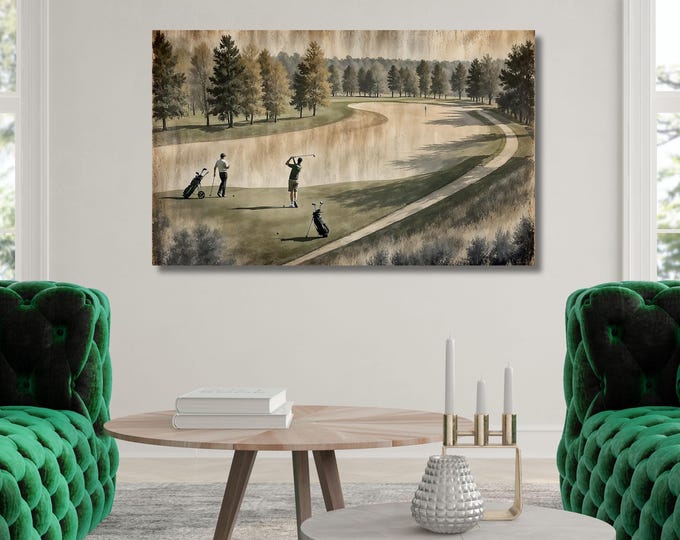 Vintage Golfers Landscape Canvas Print: Rustic Golf Course Wall Art