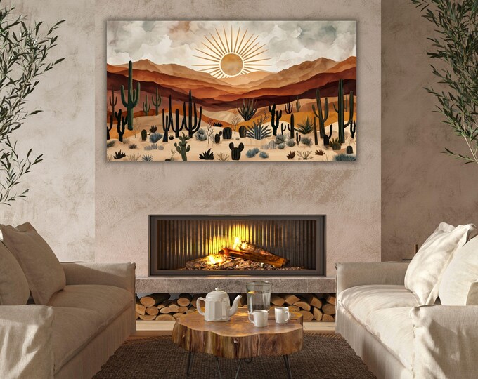 Boho Desert Landscape Canvas Print, Sun and Cactus Wall Art, Modern Southwest Decor