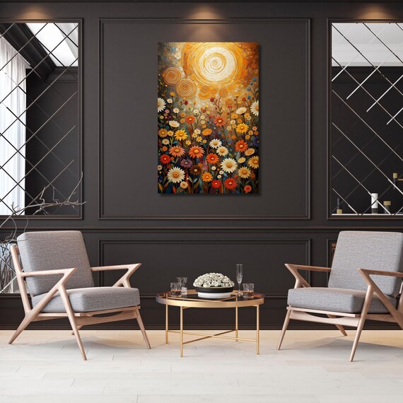 Wildflower Canvas, Flower Garden Canvas, Bedroom Wall Art, Sunrise Klimt Wall Art Above Sun Wall Art Christmas Gift  Sunset Canvas Wall Art