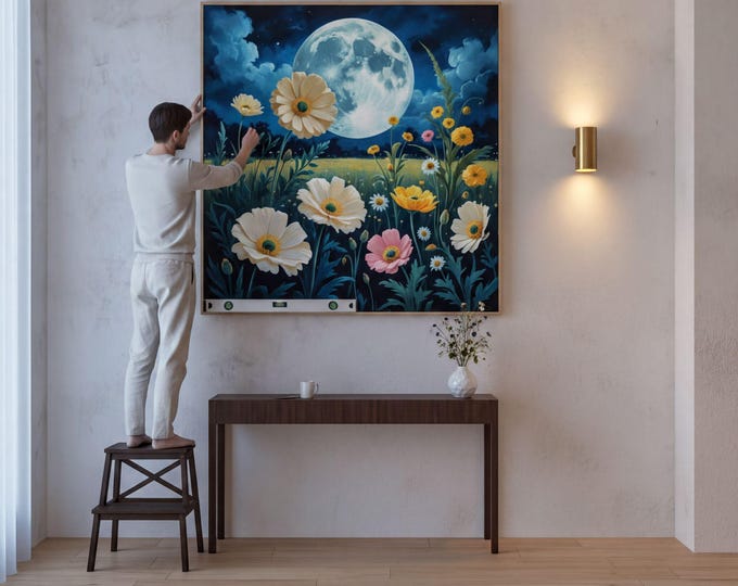 Full Moon Forest Canvas: Wildflower and Pine Scene (Custom Sizes Available)