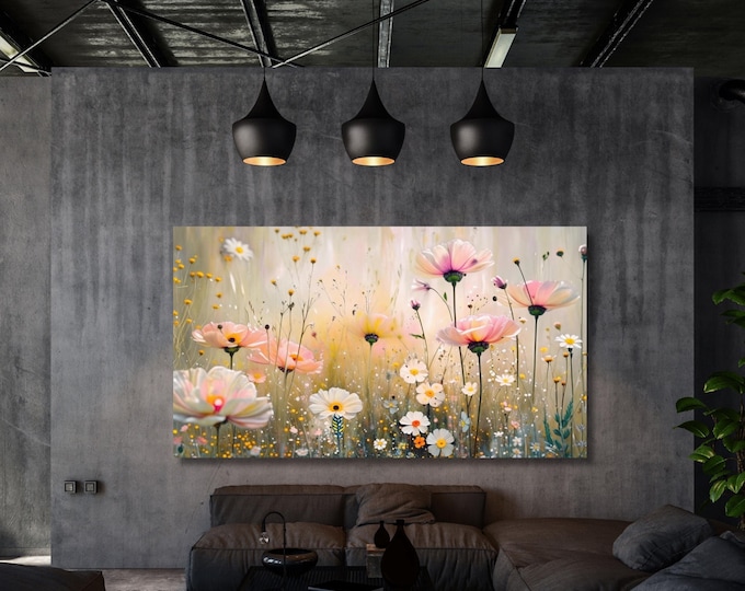 Impressionist Wildflower Meadow Canvas Print Pastel Daisy Floral Cottagecore Living Room Decor