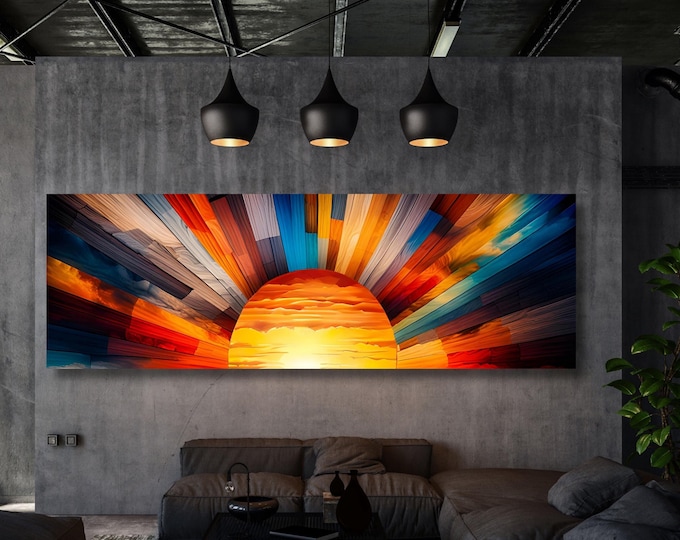 Sunrise Canvas Wall Art: Colorful Wood Look Print, Long Bedroom Decor