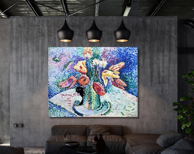 Matisse Style Cat & Parrot Tulip Canvas Art, Modern Floral Print