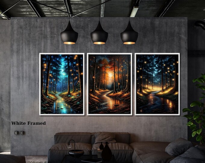 Firefly Forest Canvas Wall Art Set (3) – Klimt Style Night Sky