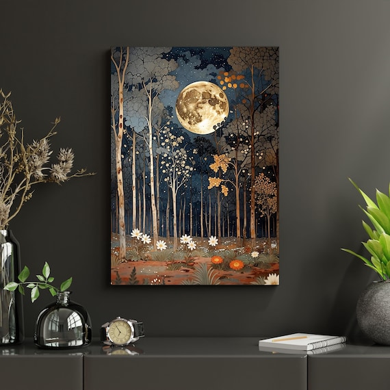 Full Moon Wildflower Canvas, Flower Garden Flower Market canvas, Moonlit Pine Tree Forest wall Art, Rustic Mountain Art, Woodland Klimt Gift