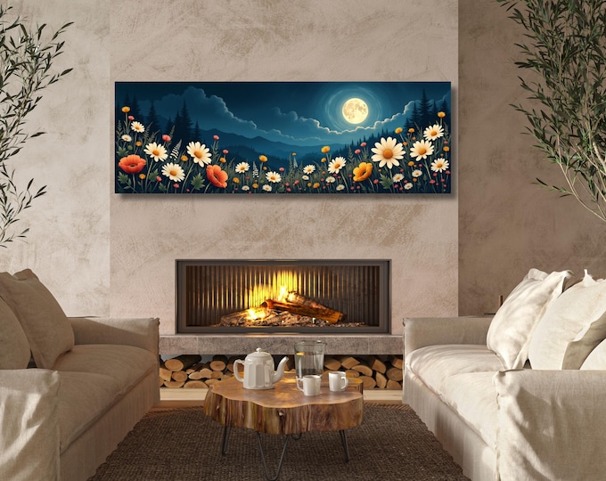 Full Moon Wildflower Canvas Art, Moonlit Forest Landscape, Rustic Woodland Wall Decor