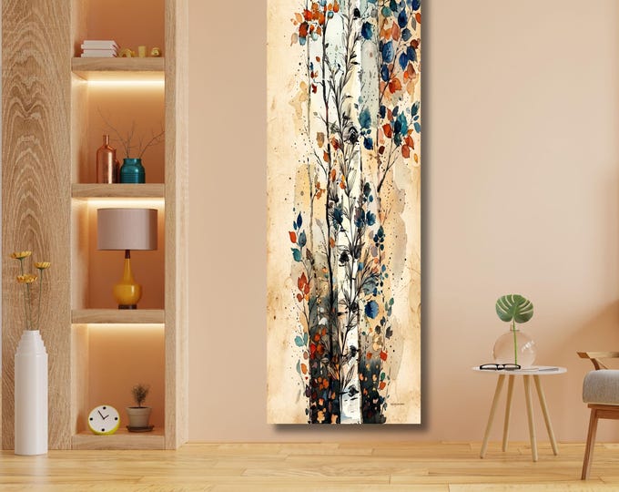 Tall Vertical Nature Canvas Art, Modern Sun Tree Mountain Print (Digital Download)