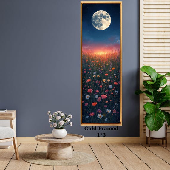 Long Narrow Canvas Wall Art Vertical Nature Print Tall Modern Moonlit Wildflower Field Wall Decor for Hallway,Entryway Small Space Print