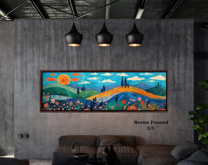 Panoramic Sun Landscape Canvas Wall Art, Framed Canvas Japanese Style Mid Century Exhibition Japandi Print,  Large Modern Living Room Decor