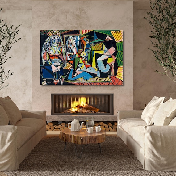 Pablo Picasso'nun "Les Femmes d'Alger" Large Multi Color Cubism Wall Art, Picasso Inspired Living Room Decor, Abstract Figure Painting
