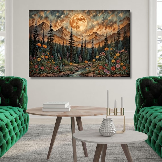 Klimt Inspired Moonlit Forest Canvas Art: Rustic Mountain Flower Print