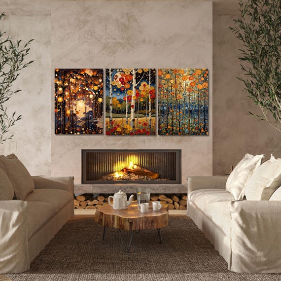 Set of 3 Gustav Klimt Night Canvas Wall Art Klimt style Klimt Moon Stars Canvas Wall Art Modern Living Room Gold Flowers Night Sky wall art