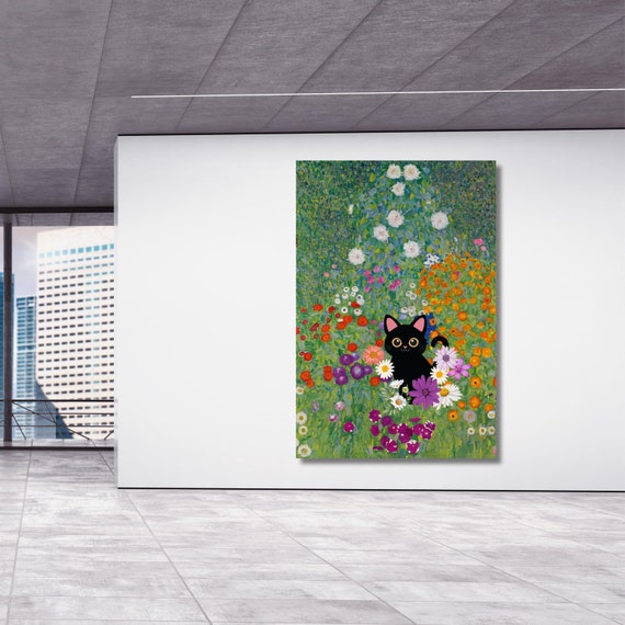 Klimt Black Cat In A Garden  Canvas Wall Art cat garden Ready To Hang Canvas Wall Art,Gustav Klimt Canvas Print Flower Garden Flower Market
