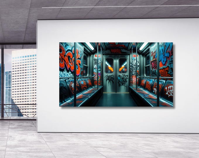 Graffiti Subway Train Canvas Print, Urban Street Art Wall Decor, Industrial NYC Pop Art, Modern Graffiti Wall Art, Framed Canvas Poster art