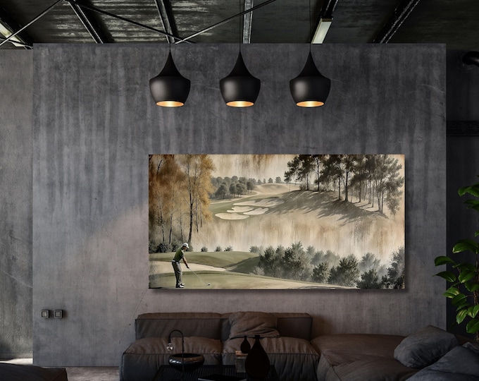 Vintage Golf Landscape Framed Canvas Print: Rustic Golfer Gift