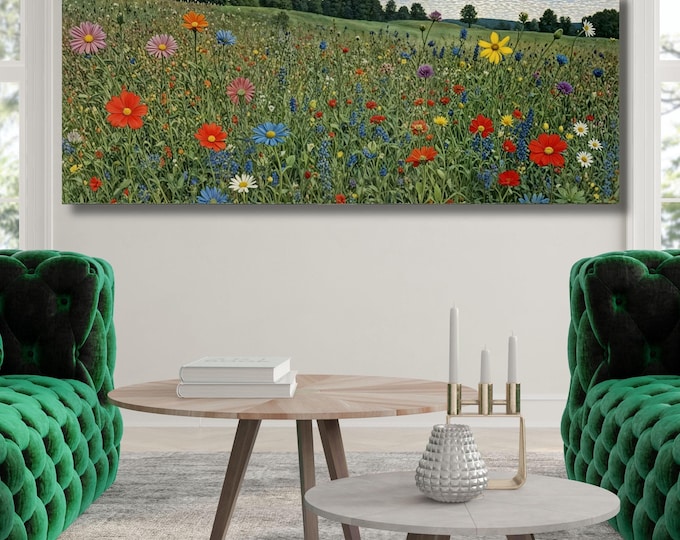 Panoramic Wildflower Field Canvas Art, Gustav Klimt Inspired Wall Decor
