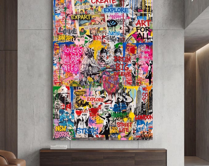 Banksy Street Art Canvas Print, Iconic Urban Graffiti Decor, Modern Living Room Wall Art