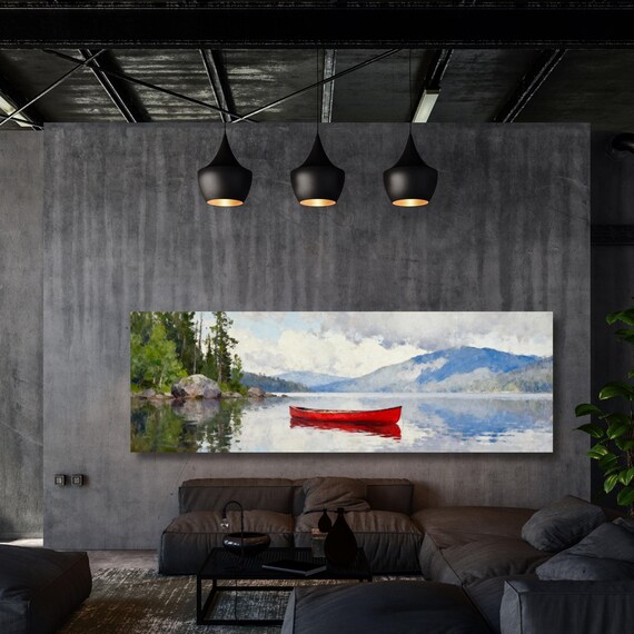 Lone Wooden Red Canoe Floating In Lake Canvas Wall Art Art, Oversize Nature Print with Elegant Modern Wall Hangings Klimt Landscape
