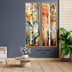 Set of 2 Tall Narrow Birch Tree Canvas – Long Vertical Forest Wall Art Decor