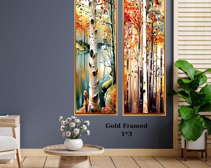 Set of 2 Tall Narrow Birch Tree Canvas – Long Vertical Forest Wall Art Decor