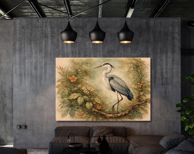 William Morris Style Blue Heron Canvas Art, Vintage Botanical Heron Wall Decor, Arts and Crafts Movement Bird Painting, Large Nature Mural