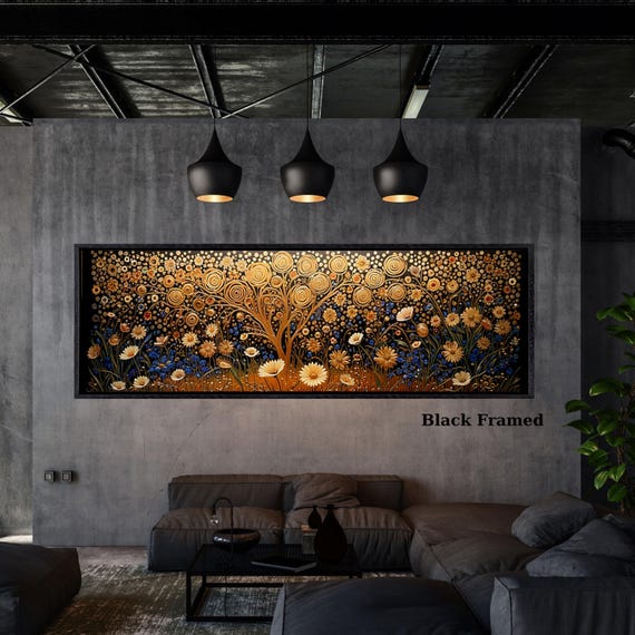 Night Moody Wild Flowers Canvas, Framed Canvas Print, Above Bed Art, Dark Floral Paintingt,Boho Minimal Panoramic Thought Provoking Wall Art