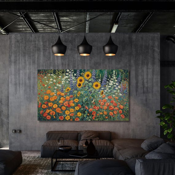 Klimt Style Flower Garden Canvas Wall Art – Colorful Botanical Print – Nature Inspired Bedroom or Living Room Wall Decor Ready to Hang art