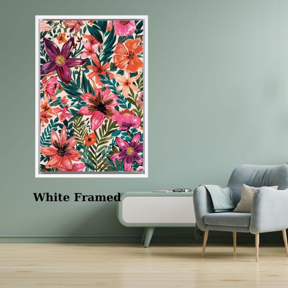 Modern Floral Pattern Canvas Print, Botanical Boho Wall Decor, Colorful Wildflower Illustration Art