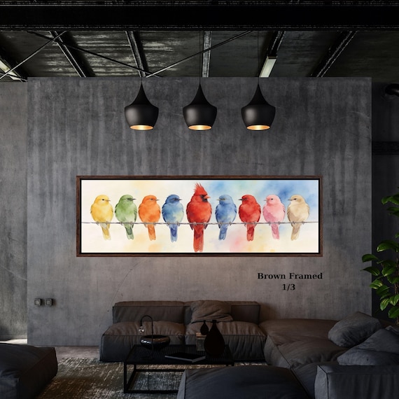 Colorful Birds on Wire Canvas Wall Art, Rainbow Songbirds Watercolor Painting, Panoramic Bird Decor, Large Horizontal Wildlife Art Print art