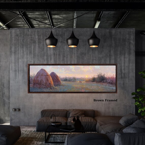 Panoramic Impressionist Haystacks Sunset Canvas Wall Art – Colorful Rural Landscape Oil Painting