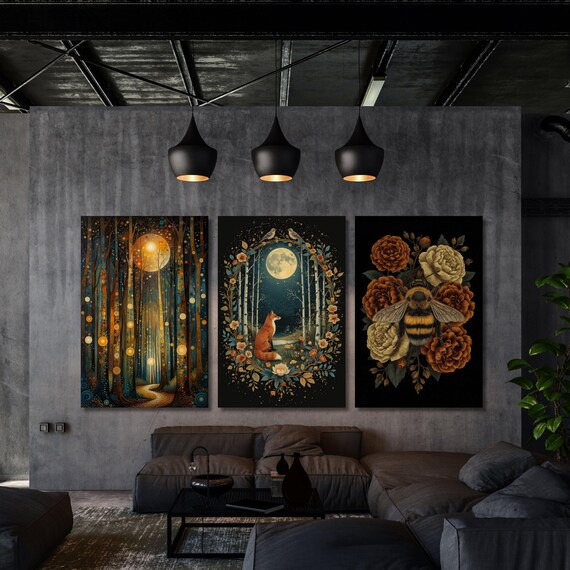 Klimt Style Canvas Art Set: Night Sky, Moon, Flowers