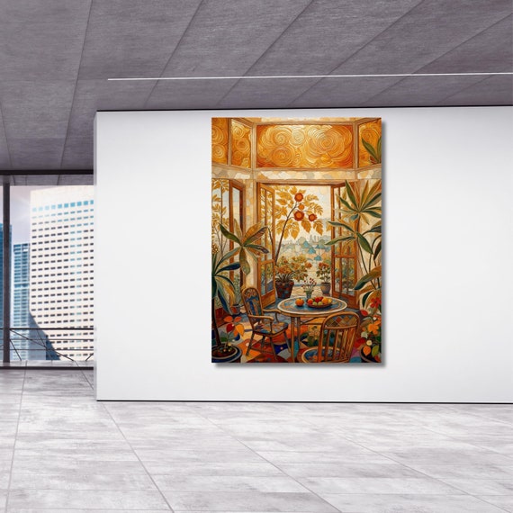 Henri Matisse Style Open Window Canvas Wall Art – Klimt Style Orange Sea Decor Print