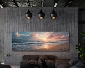 Panorama-Sonnenuntergang über dem Smaragdgrünen Ozean-Leinwandkunst, Boho-Wandkunst Minimaler horizontaler Wandkunst-Weinlese-Sonnenuntergang-Malerei-Sonnenuntergang-Druck