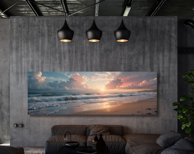 Panoramic Sunset over the Emerald Green Ocean Canvas Wall Art,Boho Wall Art Minimal Horizontal Wall Art Vintage Sunset Painting Sunset Print
