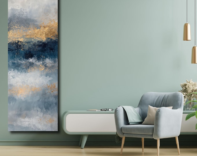 Blue Gold Abstract Tall Narrow Canvas, Botanical Nature Wall Art, Rustic Floral Vertical Print for Hallway or Bedroom art gift Minimal print