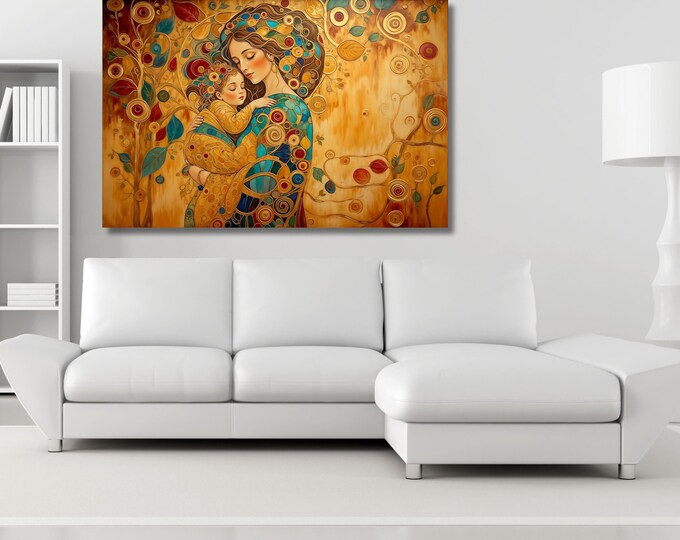 Gustav Klimt Mother and Child Canvas Print, Floral Art Reproduction
